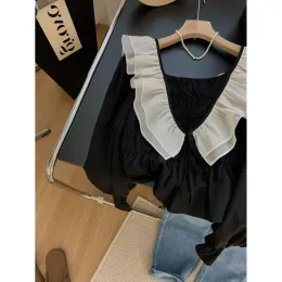 셔츠 스프링 가을 여성 블라우스 세련된 우아한 사무실 버튼 한국 스타일의 웅장한 숙녀 셔츠 탑 피터 펜 칼라 f37