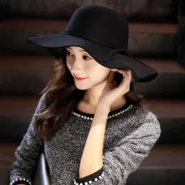 Soft Wool Women Hat Vintage Wide Brim Dom Hats Bowknot Ladies Floppy Felt Fedora Cap Stingy257w