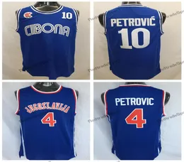 Mens Vintage Hırvatistan 10 Cibona Drazen Petrovic Basketbol Formaları 4 Jugoslavija Yugoslavya Dikişli Gömlekler Mavi SXXL6509147