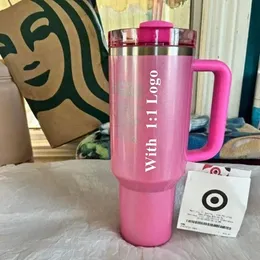 Складские стаканы в США Бутылки для воды Зимний розовый цвет с логотипом 1:1 Target Red Cosmo Pink Кружки с фламинго H2.0 Реплика чашек на 40 унций с силиконовой крышкой и соломенной машиной 0307