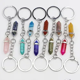 Kleryki sześciokątowe pryzmat reiki leczenie naturalny kamień naturalny czakra ametyst różowy róży kryształowy pierścienie Keyrings Keyrings Mężczyzn Jewelr dh5py