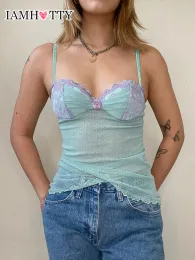 Camis iamhotty dot print rendas espartilho feminino apliques de flores milkmaid sexy ver através da colheita superior y2k camis transparente tanques estéticos