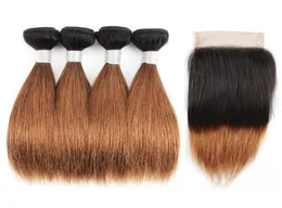 Fasci di capelli castani 1B 30 Ombre con chiusura Radici scure 50gBundle 1012 pollici 4 pacchi Estensioni capelli umani lisci brasiliani4170817