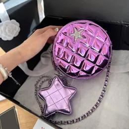 Womens Patent Leather Round Cosmetic Case Bags With Rhinestone Star Badge Coin Pouch Silver Metal Hardware Matelasse Chain Crossbody Shoulder Handbags Vanity 15CM