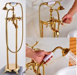 Uythner Gold Floor Mounted Tub Sink Faucet Dual Handle Bathroom Bath Shower Set standing Bathtub Mixer Tap with Handshower2146564