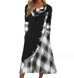 Dress Women's 2023 New Hot Selling Casual Plaid Print Panel with Pocket Stacked Collar Long Sleeve Dress