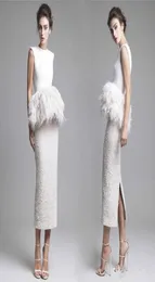 Neueste Krikor Jabotian Abendkleider 2016, ärmellos, Juwelenhals, Satin, Spitze, Federn, Ballkleider, Teelänge, Bleistiftschnitt, Vestidos De5407668