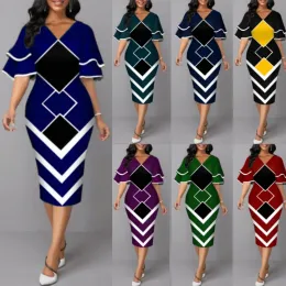 Giyim Kadınlar Yaz Yeni Katmanlı Parlama Kolu Aline Elbise 2023 Dijital Baskı Plus Boyut Külot Moda Seksi Vneck zarif elbise