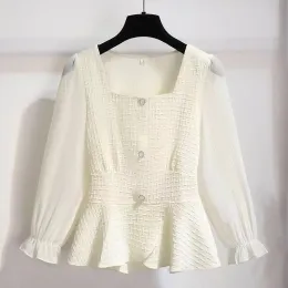 بلوزة عطر صغير قميص الرياح ربيع وسقوط أزياء كورية جديدة ناضجة مربع طوق غير رسمي قميص فقرة قصيرة