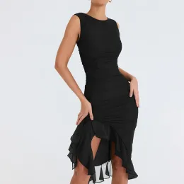 Klänning elegant ruffle ruched midi klänning för kvinnor mantel sommaren backless ärmlös oregelbunden klubbparti sexig klänning gase kvinnlig vestido