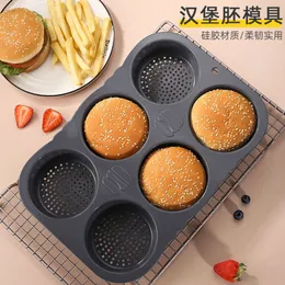 Food Grade Silicone Hamburger Tray with 6 Round French Bread Molds, Easy to Demold, Kitchen Baking Tool