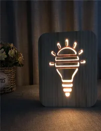 Yaratıcı Ahşap Ampul Gece Işıkları LED Masa Lambası İçi Hollowedout Başucu Işık Sıcak Beyaz Masif Ahşap Oyma 3D Gece Lambası1661645