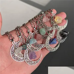 Pendant Necklaces Natural Crystal Reiki Stone Retro Moon Pendant Necklace Geometric Faith Healing Quartz Chain Necklaces Jewelry Party Dhobs