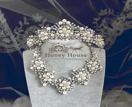 3PCSSet Wedding Bride Jewelry Accessaries Zestaw Crownearring Naszyjnik Kryształowe Liście Projekt ze sztucznymi perłami 4832808