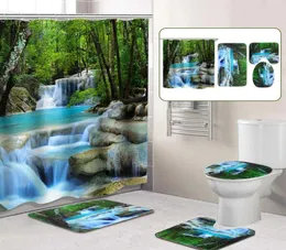 3D Cachoeira Cenário Cortina de chuveiro à prova d'água Banheiro Paisagem Árvores Flor Conjunto de tapete de banho Pedestal Tapete Tampa de vaso sanitário T2001024165214