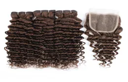 Kisshair 4 Dark Brown Deep Wave Hair Bunds With Clousre 100 Indian Human Hair Wefts med 4x4 spetsstängning5668864