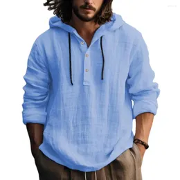 Hoodies masculinos camisas com capuz blusa manga longa botões pulôver sólido confortável algodão linho casual solto férias masculino camisetas