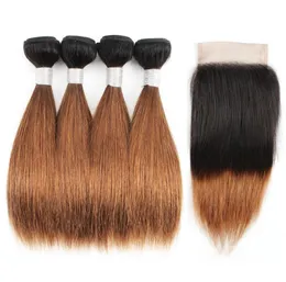 1B 30 Fasci di capelli castani Ombre con chiusura Radici scure 50gBundle 1012 pollici 4 pacchi Estensioni brasiliane diritte dei capelli umani6205175