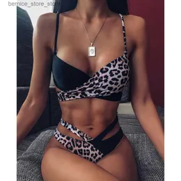 Modna i seksowna Leopard Cross Cross Tankini Bikini zestaw 2023 Nowe kobiety Q240306