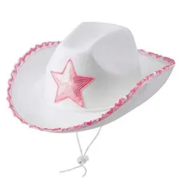 Chapéus largos de chapéu de cowboy star lantejous americanos white ocidental de cinco pontas de moda d3c9302l