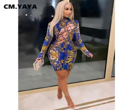 Cmyaya Fall Paisley Ploral Print Women Midi Dress Long Sext Bodycon Sexy Club Party Pencil Lace Up Hollow Out Mini Dresses3158945