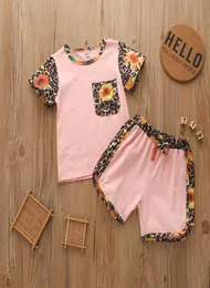 Vieeoease Girls Sets Kids Clothing2021夏の半袖ヒョウの花Tシャツ弓ショーツ2ピースCC8826540166