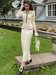 Elegancka patchwork Ruffle dzianinowa sukienka Midi Kobiet Lapel Single Breaster Długie rękaw Slim Slim Sukienki jesienne szykowne szaty uliczne 240304