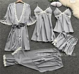 5 peças pijamas Conjunto 2020 Mulheres Cetim Sleepwear Sexy Lace Pijamas Sleep Lounge Pijama Silk Night Caso Home Pijama Conjuntos 579 S27042989