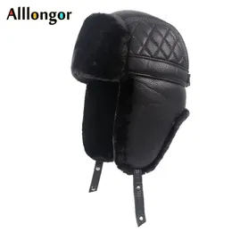 Hohe Qualität 2019 Winter Leder Pilot Cap Faxu Pelz russische Uschanka Hüte Earflap Bomber Hut Männer Schwarz Schnee Hüte T191022294g