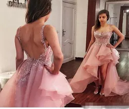 Dammiga rosa höga låga balklänningar Organza exponerade boning backless aftonklänning sexig skräddarsydd spaghettirem cocktail party go5923615