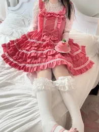 Vestido kimokokm kawaii doce lolita estilo aline jsk babados fofo macio feminino cupcake mini vestido laço sem mangas vestidos de camisola de renda