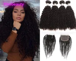 Malezyjskie przedłużenia ludzkich włosów z koronkowym zamknięciem 4x4 Naturalny kolor Kinky Curly Yiruhair 1028 cala 4 pakiety koronkowe zamknięcia 2080024