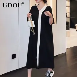 Elbise 2023 yaz yeni vneck kısa kollu moda zarif elbise kadın kontrast renk bölünmüş gevşek düz elbiseler Kore tarzı elbise