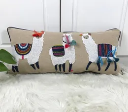 Cute Alpaca Cushion Cover Beige Embroidery Pillow Case with Tassels For Sofa Couch Bed Rectangle Home Decorative 30x60cm Y2001038976903