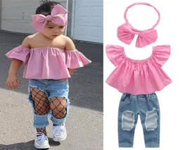 Yaz Bebek Kız Çocuk Giysileri Set Pembe Topripli kot pantolon pantolonbows kafa bandı 3 adet Set Çocuklar Tasarım Kıyafetleri Kızlar JY3454655929