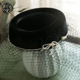 Stingy Brim Chapéus FS Chapéu Preto com Véu Pillbox Casamentos Fascinator Elegante Pérola Boina Francesa Malha Mulheres Fedora Cocktail Party2378