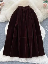 skirt 2023 Trend Vintage Black Elegant Velvet Korean Fashion Pleated Long Skirt Women Brown Aesthetic High Waist A Line Skirts Female