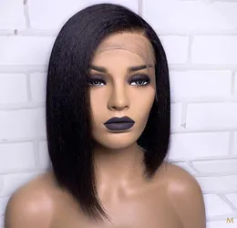 Kinky em linha reta curto bob 13x4 frente do laço perucas de cabelo humano para as mulheres 130 remy brasileiro arrancado cabelo do bebê relação média branqueado550621149992