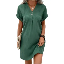 Dress Women V Neck Pullover Button Decoration Dresses Summer Short Sleeve Comfortable Casual Solid Color Dress Female Korean Mini Gown