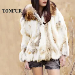 Peles novas mulheres de moda 100% Real Rabbit Fur Casat com luxo genuíno de fúria de gola de peles de raposa fábrica dropshipp sobretudo DFP986