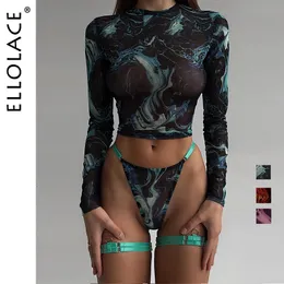 Ellolace Tie Dye bielizna z długimi rękawami koronkową Koronki Wyglądanie przez zmysłowe zestawy erotyczne 4 sztuki seksowna bielizna bezszworu 240305