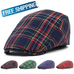 Adjustable Fine Stripe Lattice Berets Hat Women Men Spring Summer Plaid Visors Red Green Blue Duckbill Literary Checkered Cap 240226