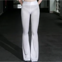 Capris sexy transparente flare calças para mulheres ultrafinos oleoso brilhante fishtail calças de fitness sólida alta elástica bell bottoms calças eróticas