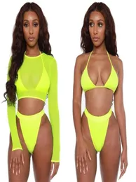 Neongelbes Crop-Top-Badebekleidung für Damen, Sommer, sexy Strandmode, Netz-Langarm-Vertuschungen, dreiteiliges Badeanzug-Bikini-Set 2202265564259