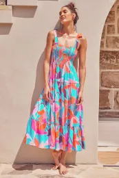 드레스 Mujer Print Maxi Dress Vestidos Women Elegant Spaghetti Straps Slip Backless Sexy Aline Ladies Summer Beach Vacation Robe 2023