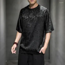 Men's T Shirts 2024 Summer Round Collar Men Day Dragon Jacquard Silk T-shirts Printed Shirt O-neck Half Sleeve Loose Streetwear