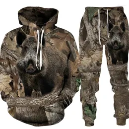 Fatos de treino masculino camuflagem javali selvagem caça hoodies calças conjunto 3d impresso série animal roupas esportivas de duas peças ao ar livre terno