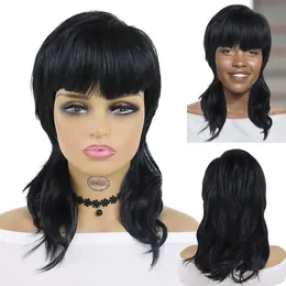 Perucas de cabelo sintético natural preto mullet cabeça peruca com franja longo encaracolado cauda de andorinha para mulheres cosplay festa diária 240306