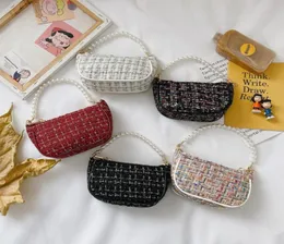 Lady Style Children Plaid Handbag Girls Pearl Chain Crossbody Bags Luxury Kids Cotton Linenシングルショルダーバッグ
