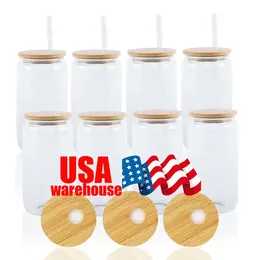 CA USA Warehouse Sublimation Tumbler 12oz Frosted Frosted Clear Glass Lags Blanks Can Beer Can Can Mugs with Bamboo Lid and Straws 0307